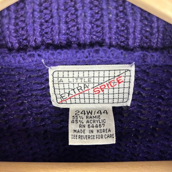 Extra Spice Vtg 90s Mock Neck Sweater Large Purple Knit Chunky Pom Pom Nordic - Picture 5 of 6